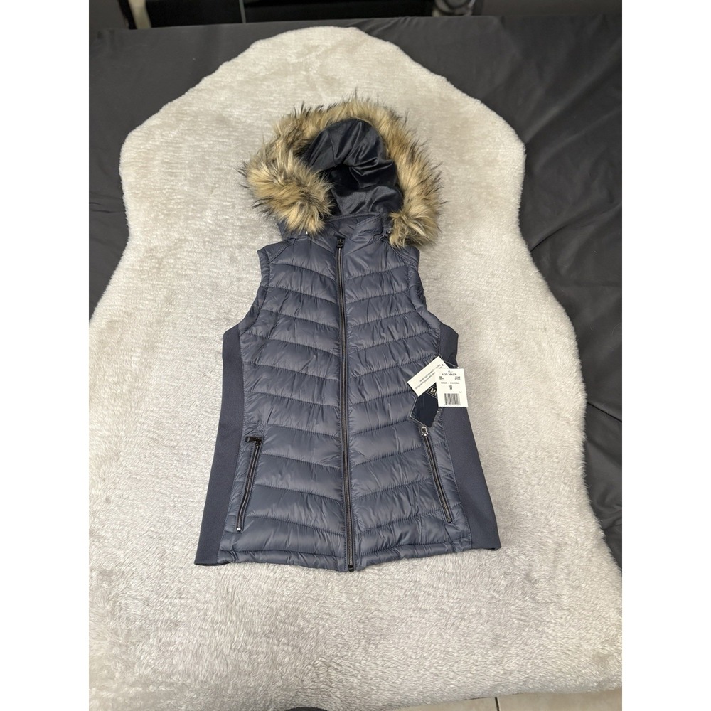 New‎ YMI Women's Charcoal Full Zip Puffer Vest Faux Fur Hood Size Medium